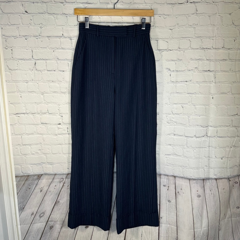 Abercrombie & Fitch Curve Love Navy Pinstripe Wide Leg Cuffed Trousers Size 25 0